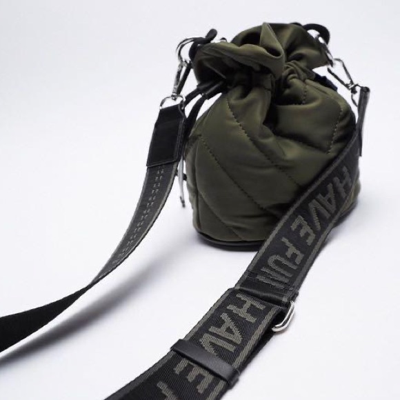 Zara Handbags - Zara Quilted Big Chain Nylon Bucket Bag | Olive Green